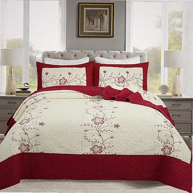 3 Piece Queen Size Embroidery Burgundy/Red Quilt Set Cozy Bedspread Set