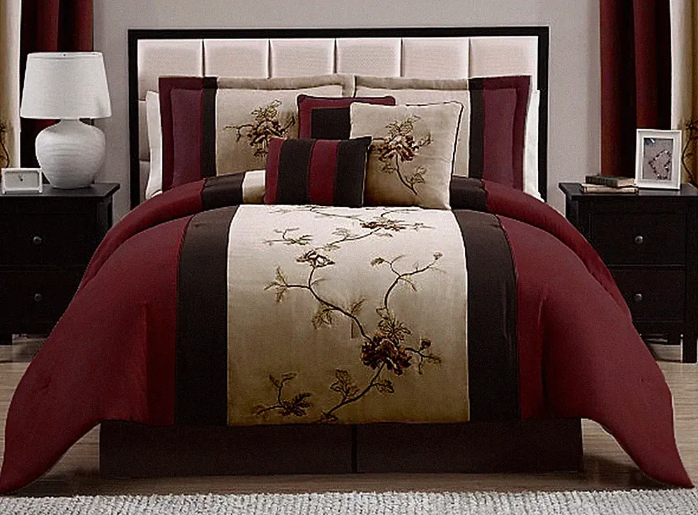 7-Piece Burgundy Brown Taupe Bedding Set Embroidered Floral Comforter Set