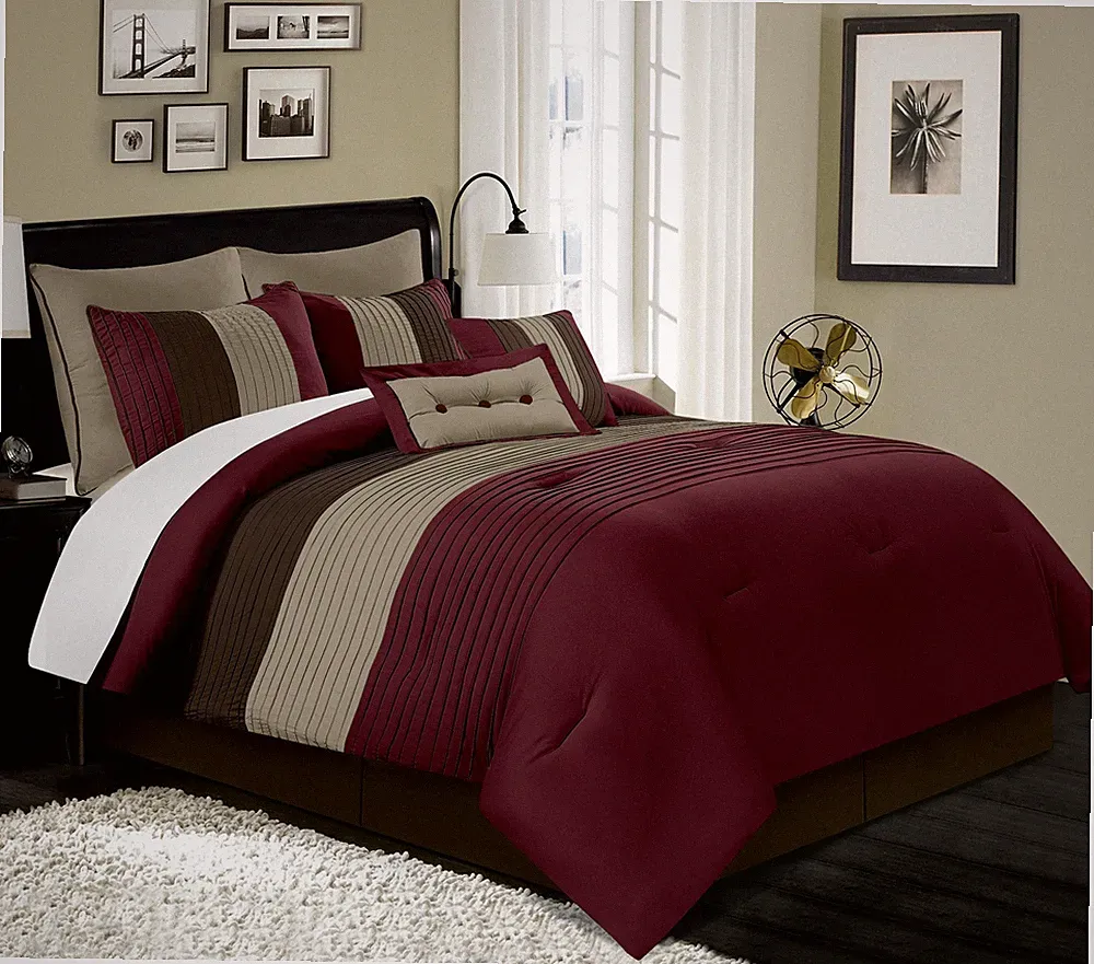 8-Piece Luxury Burgundy Brown Coffee Bedding Set Pleated Stripe Comforter Set