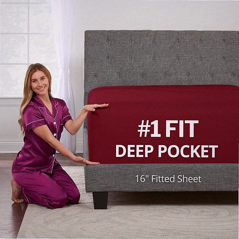 Fitted Sheet Twin Burgundy Deep Pocket Fits 16-18 Inch Mattress Toppers