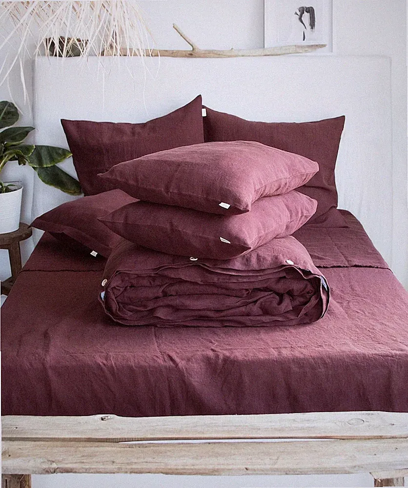 Linen Bedding Set in Burgundy. 3 Piece Set in King, Queen Twin Full king duvet