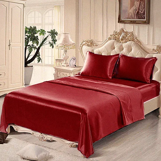 Satin Silk Bedding Sheet Set Solid Color Fitted Sheet for Mattress w/ Pillowcase